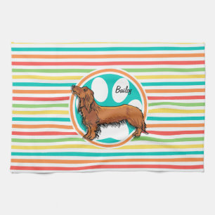 Long-haired Dachshund; Bright Rainbow Stripes Tea Towel