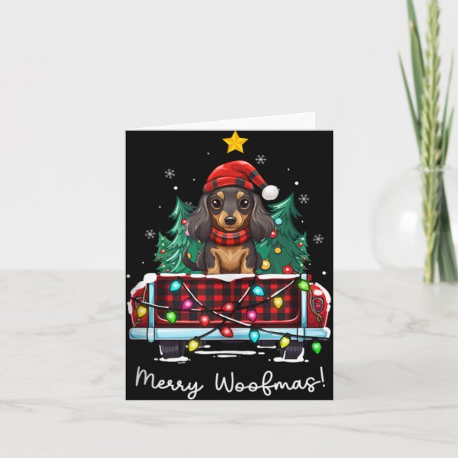 Long Haired Dachshund Christmas Dog Truck Plaid Fu Card (Front)
