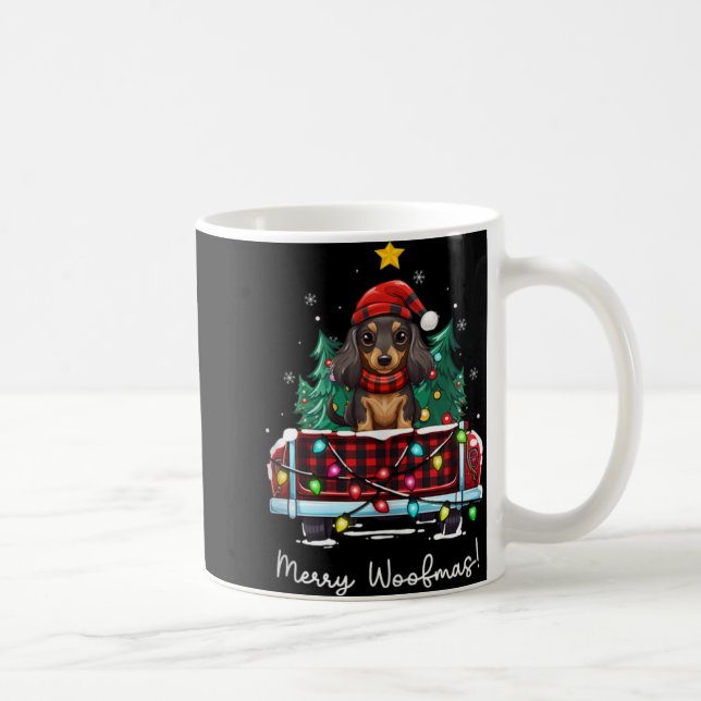 Long Haired Dachshund Christmas Dog Truck Plaid Fu Coffee Mug (Right)