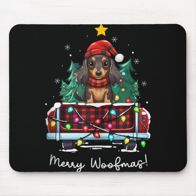 Long Haired Dachshund Christmas Dog Truck Plaid Fu Mouse Pad (Front)