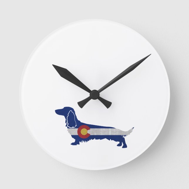 Long Haired Dachshund Colorado Flag Silhouette Round Clock (Front)