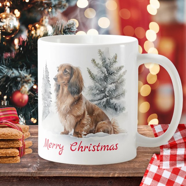 Long Haired Dachshund Dog in Snow Merry Christmas Coffee Mug (A festive coffee mug with picture of a long haired dachshund in snow, with Merry Christmas greeting)