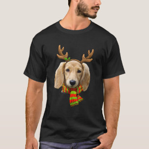 Long Haired Dachshund Dog Reindeer Christmas Light T-Shirt