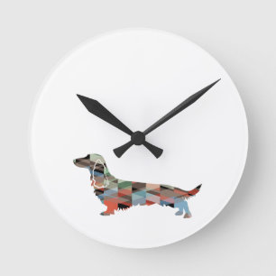 Long Haired Dachshund Geo Silhouette Plaid Round Clock
