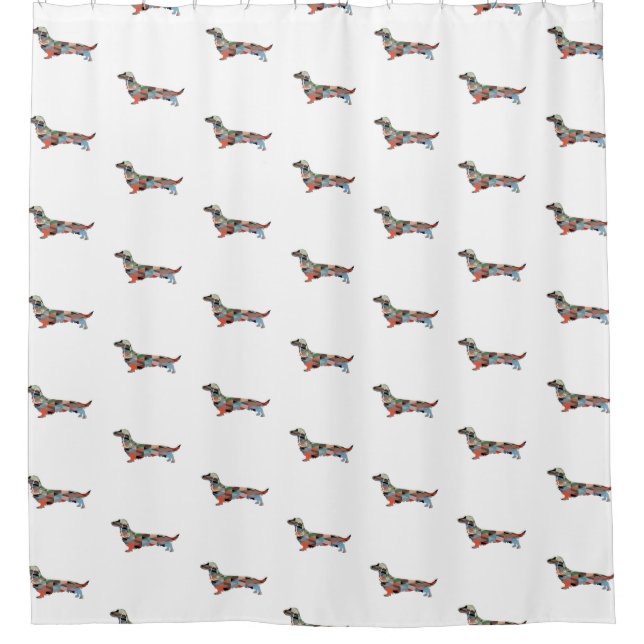 Long Haired Dachshund Geo Silhouette Plaid Shower Curtain (Front)