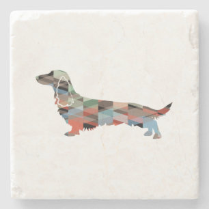 Long Haired Dachshund Geo Silhouette Plaid Stone Coaster