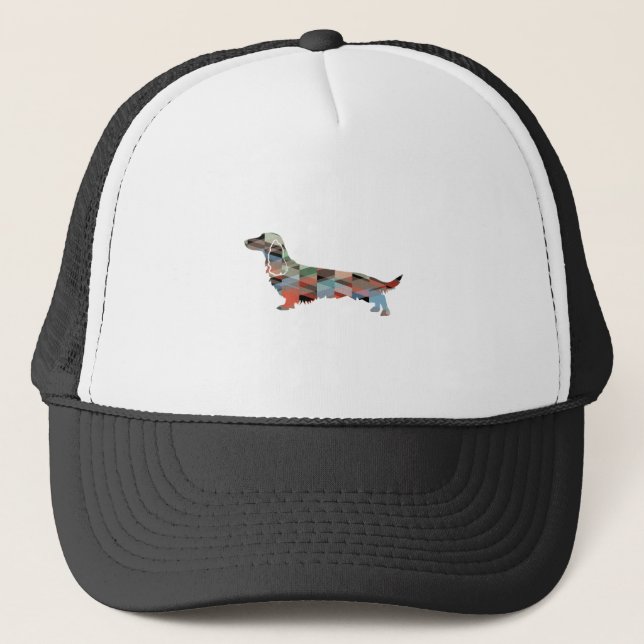 Long Haired Dachshund Geo Silhouette Plaid Trucker Hat (Front)