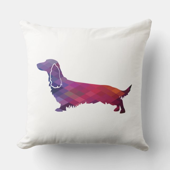 Long Haired Dachshund Geo Silhouette Purple Cushion (Front)