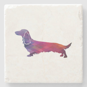 Long Haired Dachshund Geo Silhouette Purple Stone Coaster