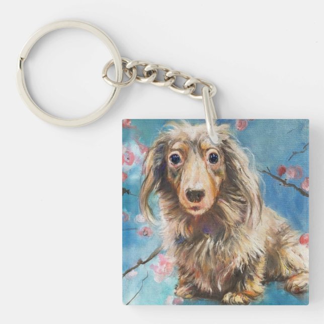 Long-Haired Dachshund in Cherry Blossoms Keychain (Front)