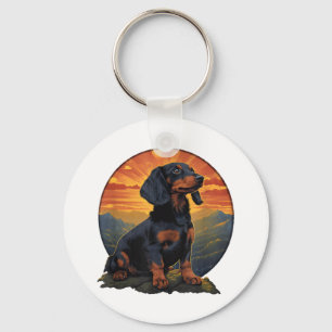 Long Haired Dachshund pet lover retro vintage Key Ring