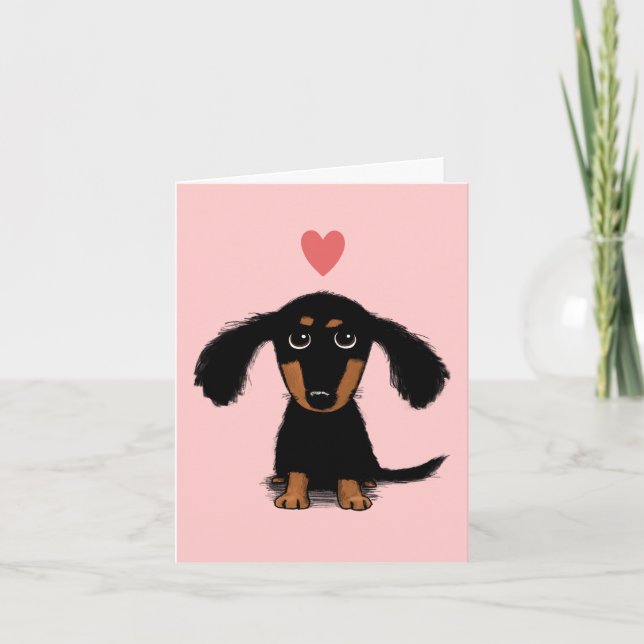 Long Haired Dachshund Puppy Valentine's Day Love Holiday Card (Front)