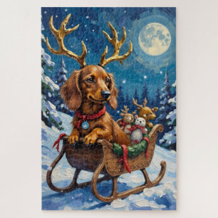 Long-Haired Dachshund Reindeer Sleigh Jigsaw Puzzle
