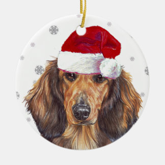 Long Haired Dachshund - Santa Hat Christmas Bauble Ceramic Ornament