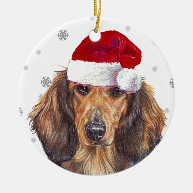 Long Haired Dachshund - Santa Hat Christmas Bauble Ceramic Ornament (Front)