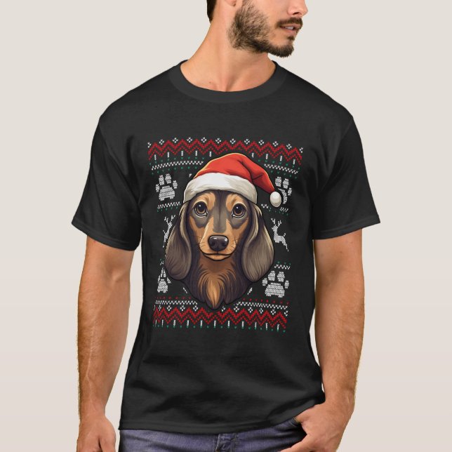 Long Haired Dachshund Santa Hat Christmas Funny Do T-Shirt (Front)