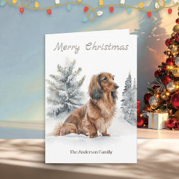 Long Haired Dachshund Sausage Dog Merry Christmas Holiday Card