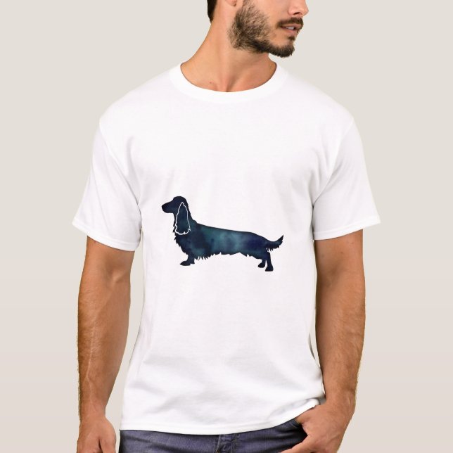 Long Haired Dachshund Silhouette Black Watercolor T-Shirt (Front)