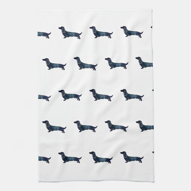 Long Haired Dachshund Silhouette Black Watercolor Tea Towel (Vertical)