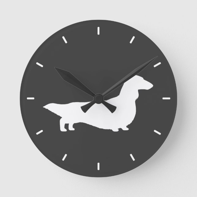Long Haired Dachshund Silhouette Round Clock (Front)