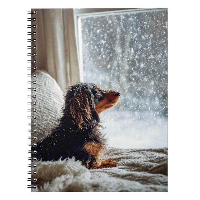Long-Haired Dachshund Winter Daydream Spiral Notebook (Front)