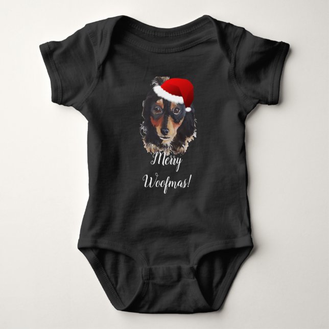  Long Haired Doxie Santa Hat Baby Bodysuit (Front)