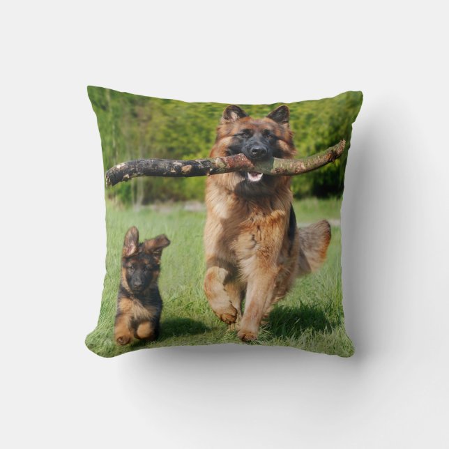 Long Haired Fluffy German Shepherd Dog and Puppy Cushion (Front)