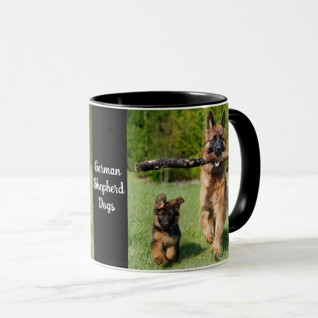 Long Haired Fluffy German Shepherd Dog and Puppy Mug (Front Right)