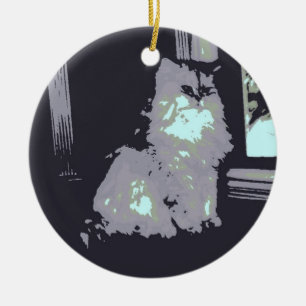 Long-haired Grey Kitty Cat Ceramic Ornament