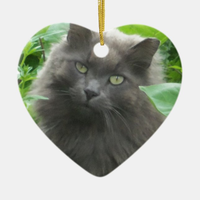 Long Haired Grey Russian Blue Cat Ceramic Tree Decoration (Front)
