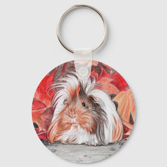 Long haired guinea pig in autumn key ring (Front)