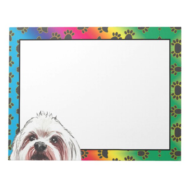 Long Haired Maltese colourful dog paw pattern  Notepad (Front)