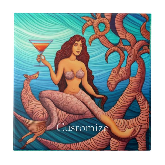 Long-haired Martini Mermaid Thunder_Cove  Ceramic Tile (Front)