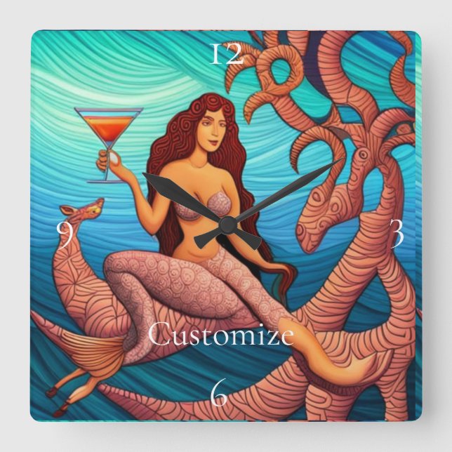 Long-haired Martini Mermaid Thunder_Cove  Square Wall Clock (Front)