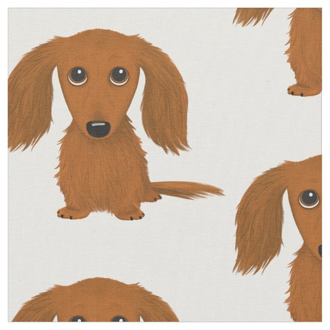 Long Haired Red Dachshund | Cartoon Wiener Dog Fabric (Close Up)