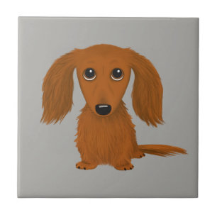 Long Haired Red Dachshund   Cute Doxie Cartoon Dog Ceramic Tile