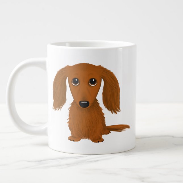 Long Haired Red Dachshund | Cute Doxie Cartoon Dog Large Coffee Mug (Left)