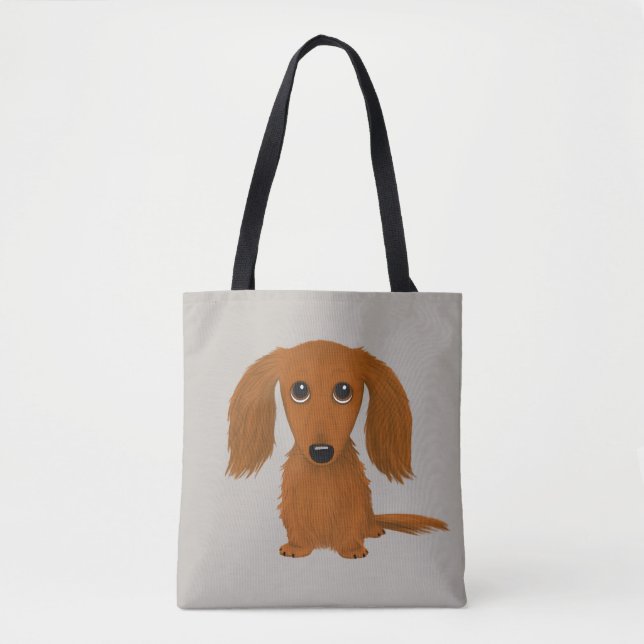 Long Haired Red Dachshund | Cute Doxie Cartoon Dog Tote Bag (Front)