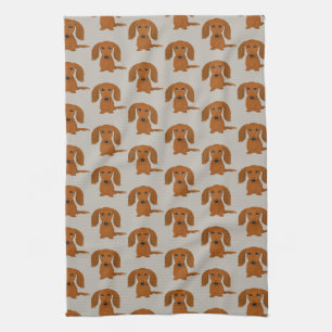 Long Haired Red Dachshund Pattern Tea Towel