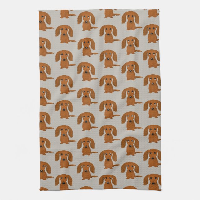 Long Haired Red Dachshund Pattern Tea Towel (Vertical)