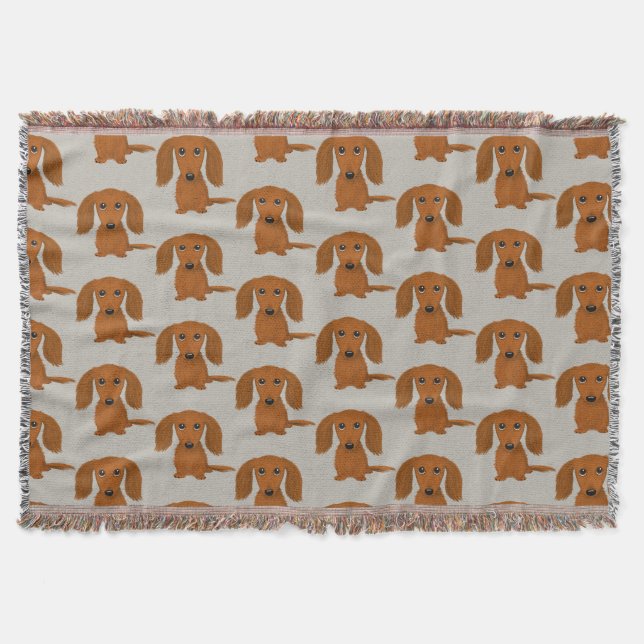 Long Haired Red Dachshund Pattern | Wiener Dogs Throw Blanket (Front)