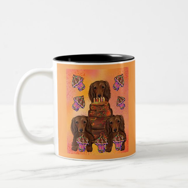Long Haired Red Dachshunds Two-Tone Coffee Mug (Left)
