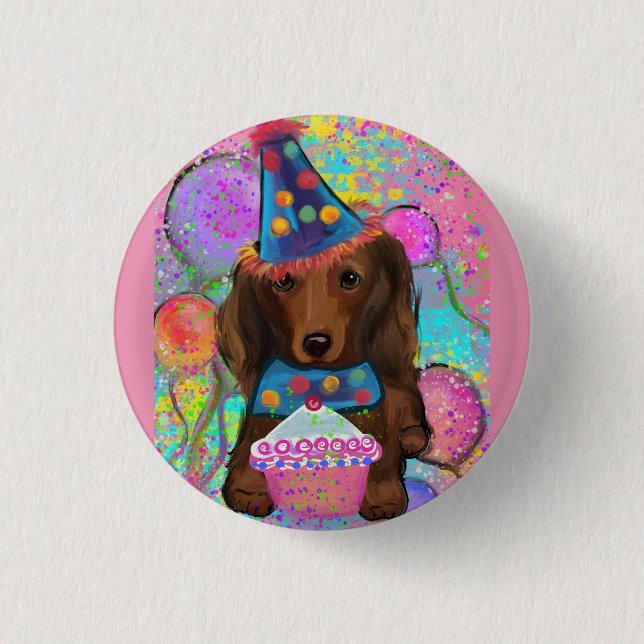LONG HAIRED RED DOXIE       3 CM ROUND BADGE (Front)
