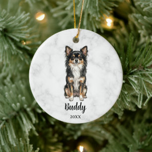 Long-Haired Tri-Colour Chihuahua Name Dog Memorial Ceramic Ornament