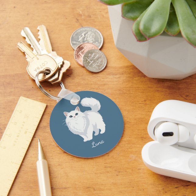 Long Haired White Cat Mum Personalised Key Ring (Desk)