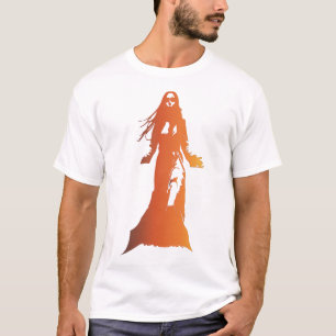 long-haired woman in an orange-toned silhuette T-Shirt