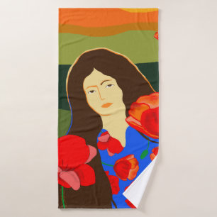 Long haired woman walking in poppy field bath towel