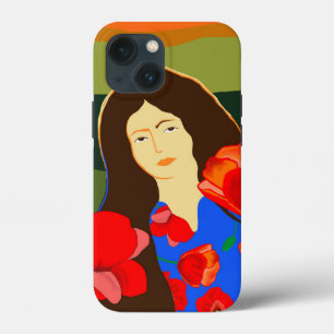 Long haired woman walking in poppy field iPhone 13 mini case