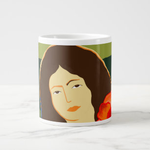 Long haired woman walking in poppy field large coffee mug