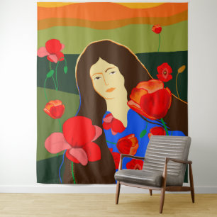 Long haired woman walking in red poppy field tapestry